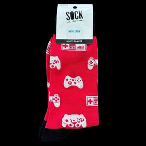 NWT Sock it to me Mens Crew Socks Multi Player Gamer Game Controller Red Novelty